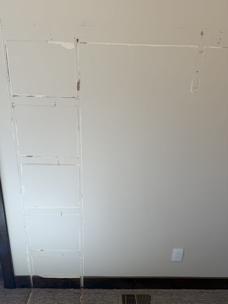 Closet door detail showing multiple patched holes before drywall repair, Sunriver, Oregon