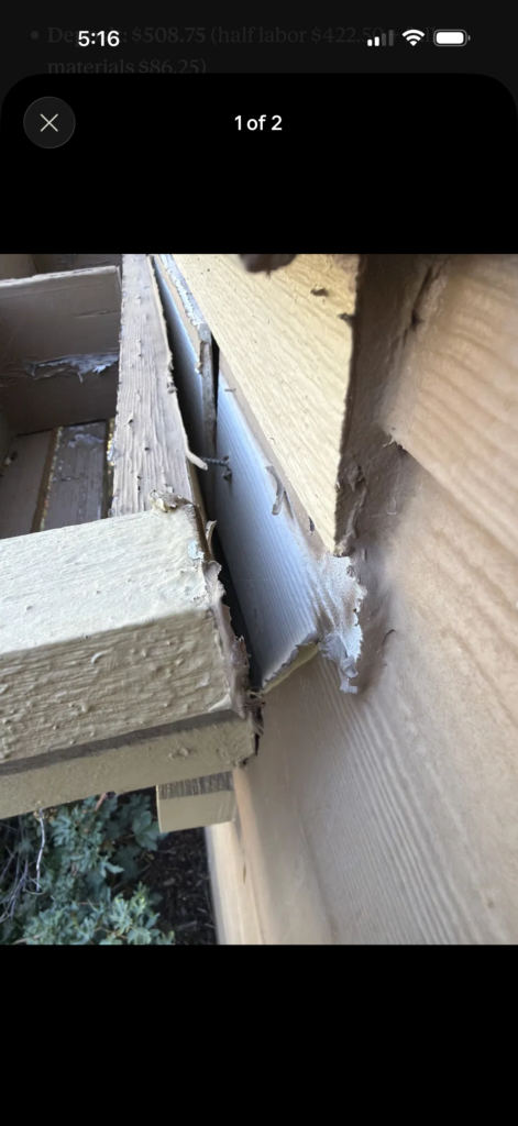 Close-up of exposed wood rot and gap at a corner trim board before repair and sealing